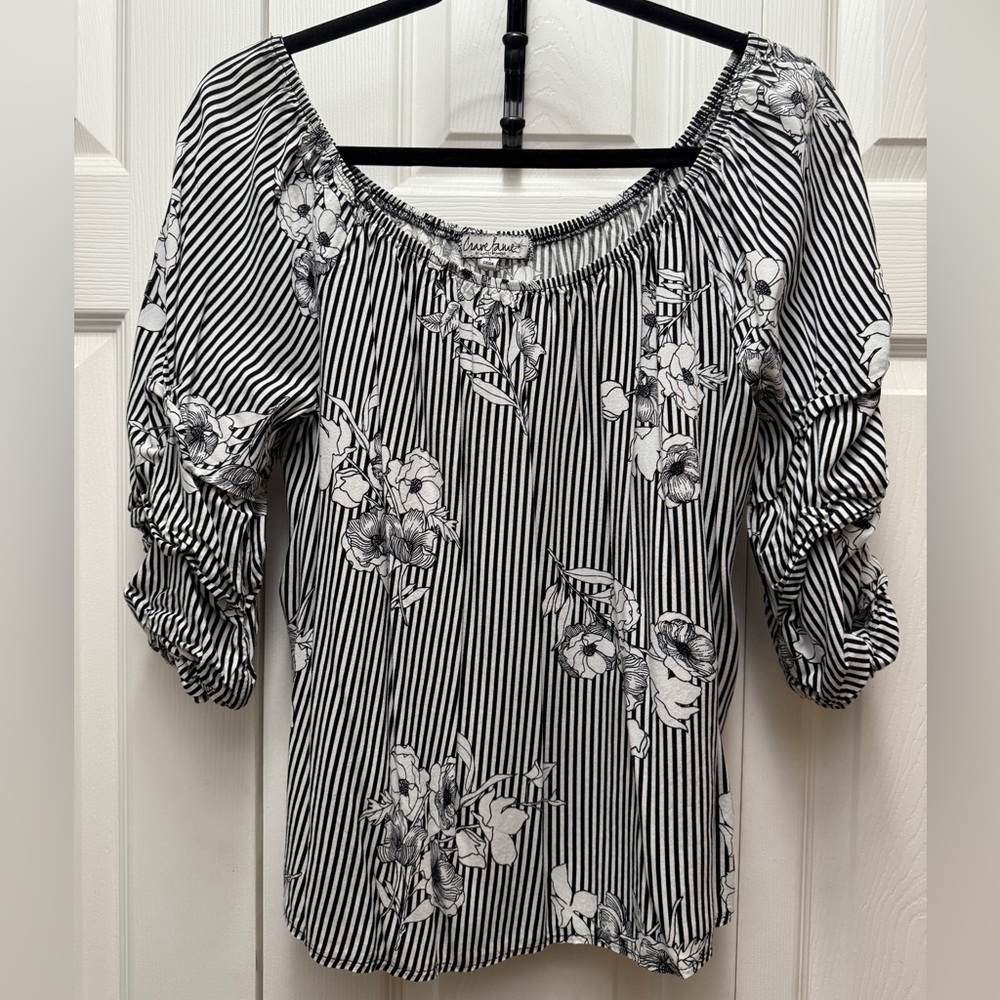 Love Tree Black and White Striped Floral Blouse